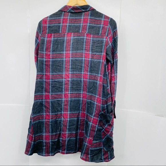 Zara Red Gray Plaid Print Large Pocket Tunic Top XS - Picture 2 of 6